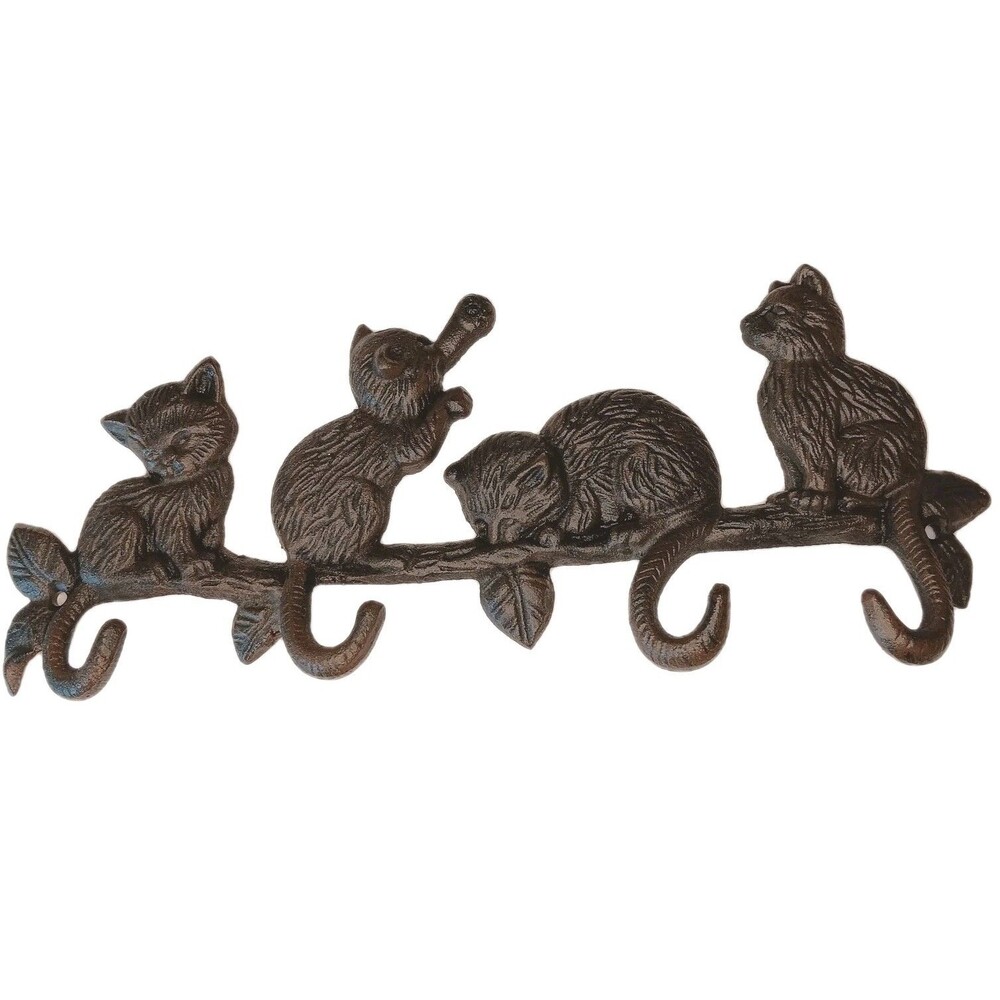Cat Wall Hook Cast Iron Heavy Duty Key Towel Coat Hanger Dark Brown 4 Hooks 13"